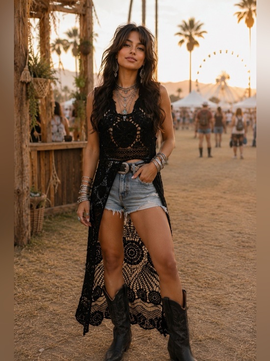 Boutique RN # 134313 Tops - Black Crochet Duster Vest One Size 100% Cotton Boho Festival Cover-Up